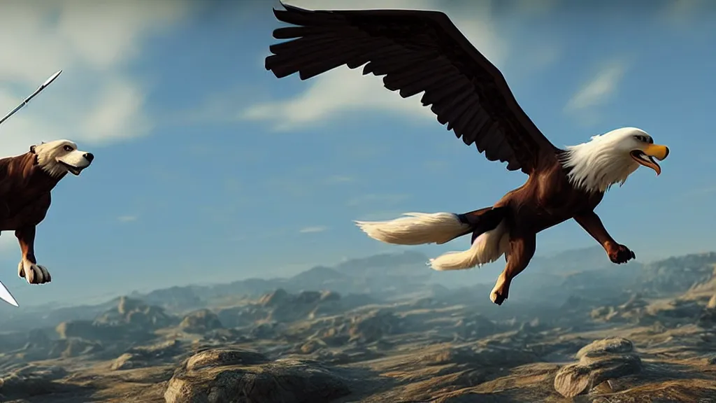 Prompt: a dog with a trident flying with a bald eagle, patriotic, highly detailed, unreal engine