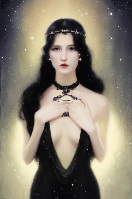 Image similar to Nocturne, glowing, stars, a long-legged elegant sultry woman, long black hair with white tips, pearl choker, highly detailed, mysterious, ethereal, dressed in black velvet, haute couture, illustration, dramatic lighting, soft details, painting, by Edmund Blair Leighton, Brom, Charlie Bowater, trending on artstation, faces by otto schmidt