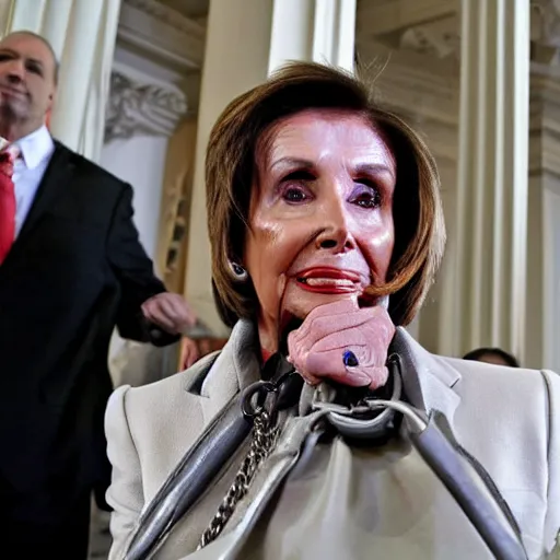 Prompt: nancy pelosi chained to bag of money on the floor