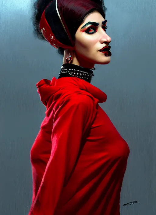 Image similar to portrait of an egyptian woman with a crooked nose and a confident expression, 1 9 6 0 s, red clothes, goth, punk, funk, intricate, elegant, highly detailed, digital painting, artstation, concept art, smooth, sharp focus, illustration, art by wlop, mars ravelo and greg rutkowski