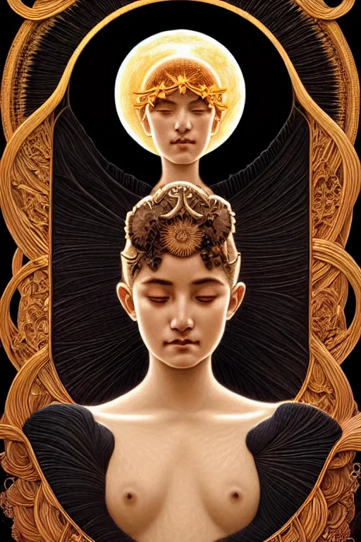 Image similar to symmetry!!!! intensely intricate tintype fan art of full frontal pose of a young sun goddess, protagonist, intertwined with a young moon goddess, antagonist, intricate, elegant, highly detailed, my rendition, digital painting, artstation, concept art, smooth, sharp focus, illustration, art by artgerm and greg rutkowski and alphonse mucha