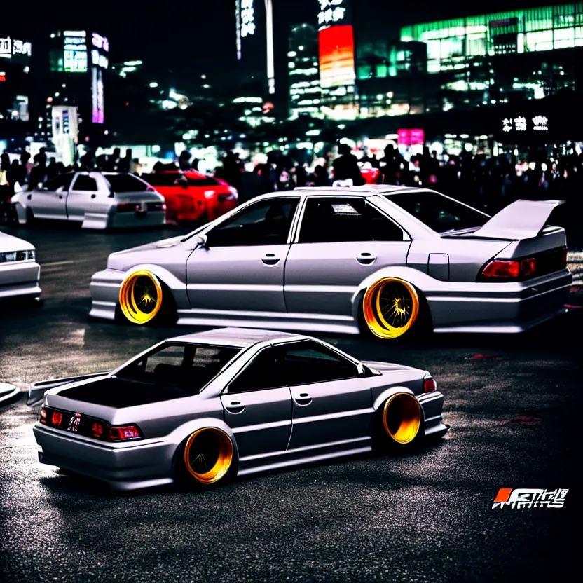 Image similar to a car JZX100 twin turbo drift at illegal car meet, Shibuya prefecture, city midnight mist lights, cinematic lighting, photorealistic, detailed alloy wheels, highly detailed