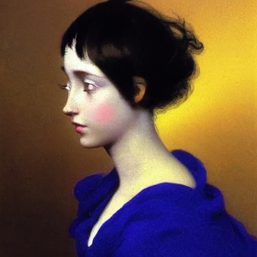 Image similar to a young woman's face, her hair is chrome and she wears an cobalt blue satin cloak, by ivan aivazovsky and syd mead and moebius and gaston bussiere and roger dean and pieter claesz and paul delaroche and alma tadema and aelbert cuyp and willem claesz, hyperrealistic, volumetric light, octane render