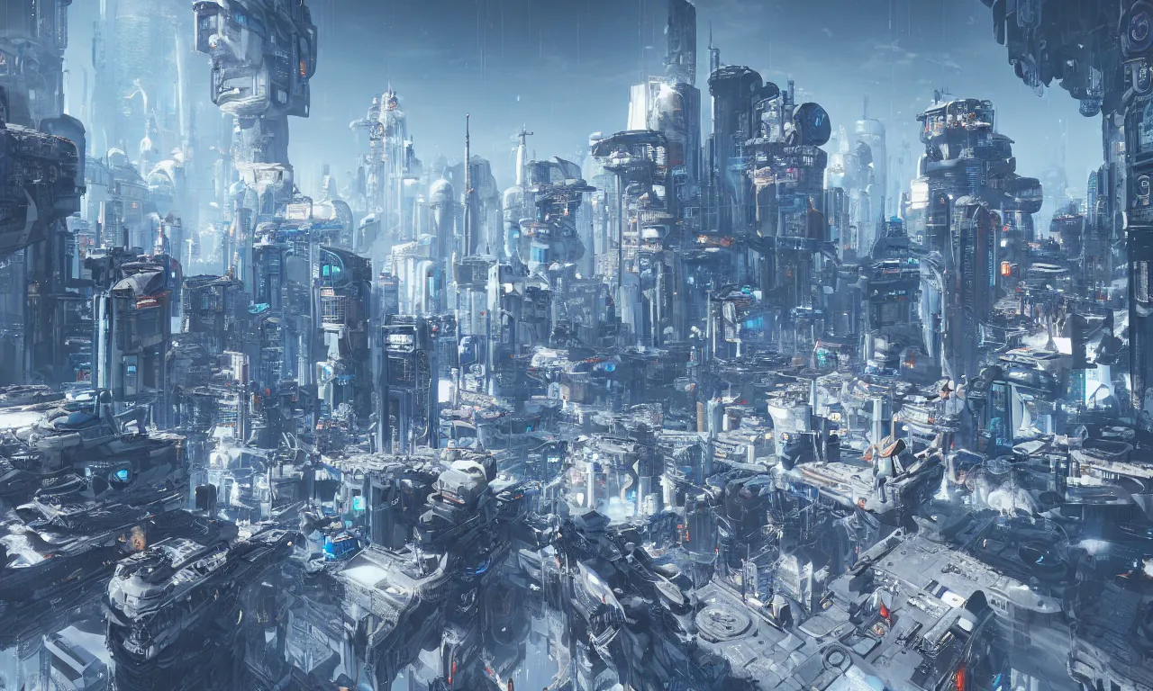 Prompt: futuristic sci - fi cyberpunk snow city floating above ground, extreme detail, backlight, volumetric light, unreal 5, octane rendering, vray, maya