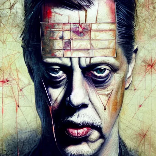 Image similar to hyperrealistic mixed media high resolution painting of (Steve Buscemi) !!Hellraiser!!, stunning 3d render inspired art by Jamie Salmon and István Sándorfi and Greg Rutkowski, perfect facial symmetry, dim volumetric lighting, 8k octane beautifully detailed render, full body shot, post-processing, extremely hyper-detailed, intricate, epic composition, highly detailed attributes, highly detailed atmosphere, cinematic lighting, masterpiece, trending on artstation, very very detailed, masterpiece, stunning, flawless completion, lifelike texture, perfection,