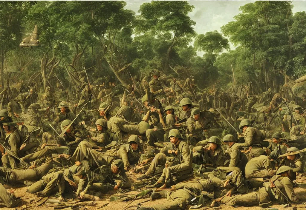 Image similar to vietnam war by jacques - louis david, green jungle, helicopters, battlefield