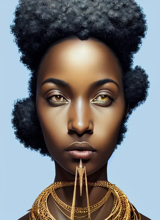 Image similar to portrait of young black woman with two stand twits, afro - futurist style, intricate, elegant gleaming jewelry, angelic halo, highly detailed, digital painting, artstation, concept art, smooth, sharp focus, illustration, art by wlop, mars ravelo and greg rutkowski