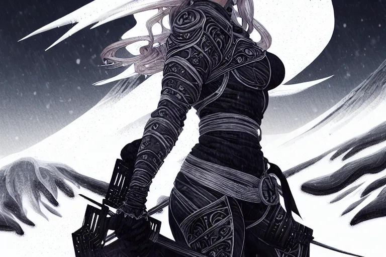 Image similar to portrait ninja gaiden girl, black plus white ninja wardrobe, at snowy fuji mountain sunrise, ssci - fi and fantasy, intricate and very very beautiful, detailed, digital painting, artstation, concept art, smooth and sharp focus, illustration, art by tian zi and wlop and alphonse mucha