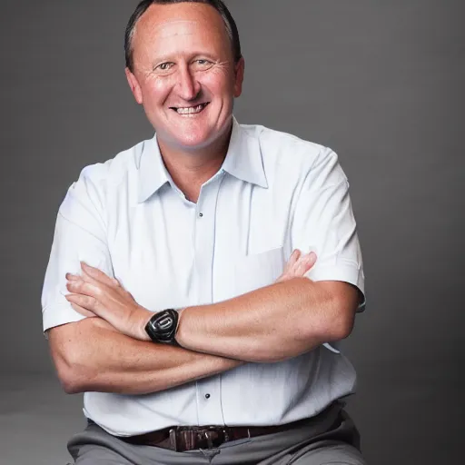 Prompt: a beautiful studio photo portrait of john key in chinatown, happy and smiling