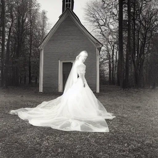 Prompt: picture of ghostly bride in front of an old wooden white church, 1 9 th century southern gothic scene, made by lagerstedt, mikko
