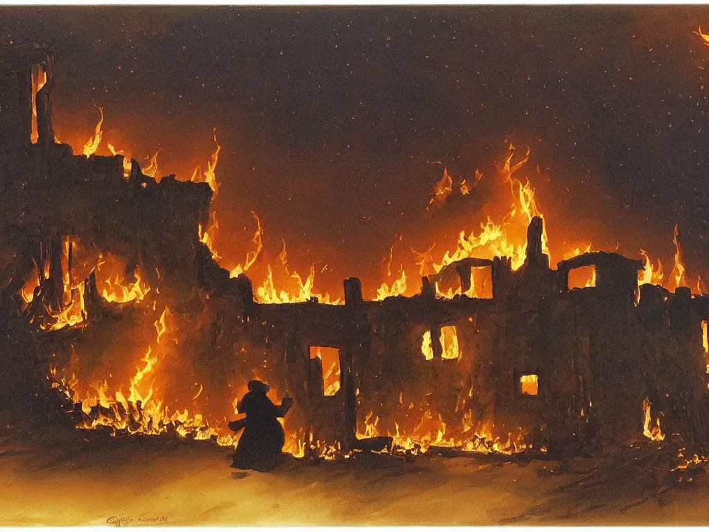 Image similar to Woman looking at her home burning. Charred wood beams, thick smoke. Melancholic landscape, stars. Painting by Georges de la Tour, Roger Dean