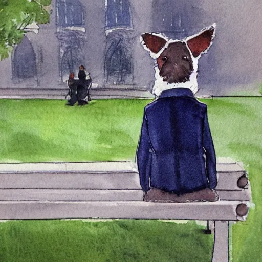 Image similar to a carin terrier wearing a suit, sitting on a park bench in central park, watercolor