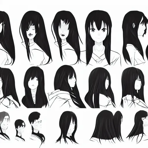 Image similar to portrait of a beautiful korean girl with very long hair and bangs, angular features, angry expression, wearing a black hoodie, in the style of studio trigger, extremely clean lines, anime and manga style, anime concept art