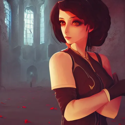 Prompt: lady alcina drimitrescu from resident evil 8, castle ruins lanscape, night time, ambient lighting, 4k, anime key visual, lois van baarle, ilya kuvshinov, rossdraws, artstation