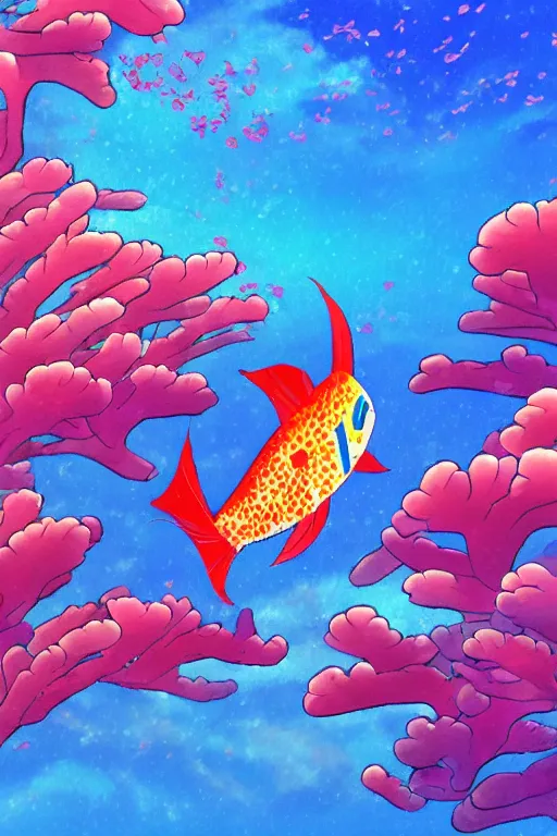 Image similar to a beautiful and colorful fish swimming through a coral in the ocean anime style, makoto shinkai style