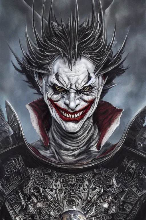 Image similar to full body concept art of Joker wearing samurai armor made with porcelain by Jeff Easley and Peter Elson + beautiful eyes, beautiful face + symmetry face + galaxy + gothic, surreal, dread + highly detailed, intricate complexity, epic composition, magical atmosphere + masterpiece, award winning + trending on artstation