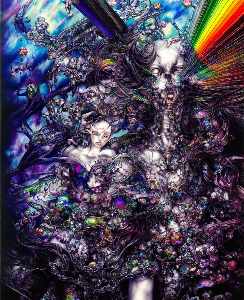 Image similar to realistic detailed image of ultra wrathful rainbow diamond iridescent mega sybiote, depth perception, depth of field, action horror by ayami kojima, neo - gothic, gothic, part by adrian ghenie and gerhard richter. art by yoshitaka amano. masterpiece