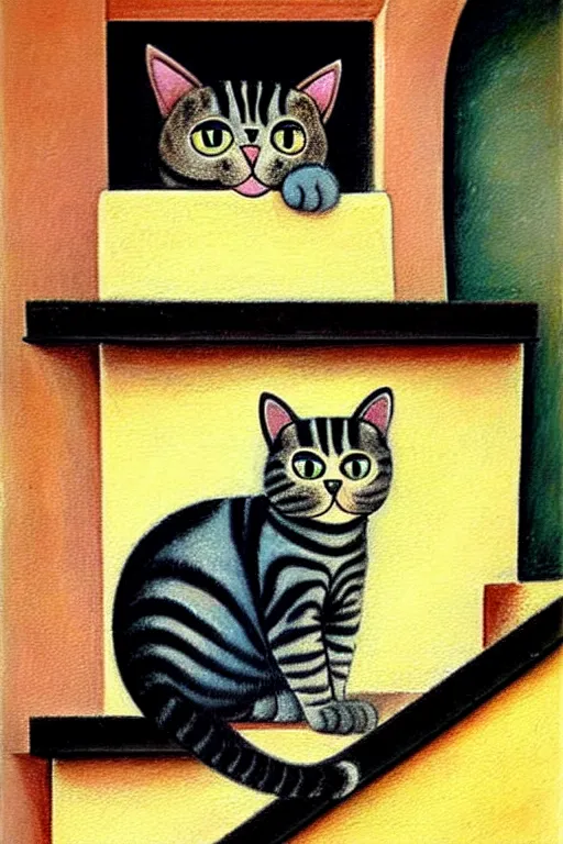 Image similar to a beautiful painting of a cat, sitting on the outside stairs of an house in a characteristic village in the south of Italy, Botero style, postcard, vintage