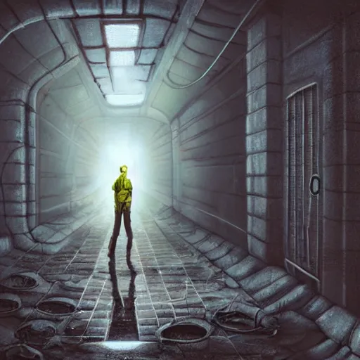 Image similar to a hyper realistic painting of a half lizard half man standing in a sewer, glowing eyes, creepy, horror vibe, real, in the style of dan mumford