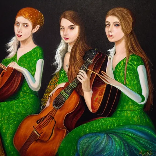 Image similar to a highly detailed painting. The musician Prince behind two beautiful twin sisters. He is green with jealousy. The sisters are happy and radiant. Trending on Artstation.