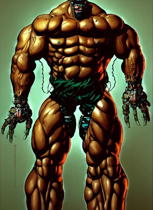 Prompt: Full body portrait of an extremely muscular, very buff, huge mutant man with a creepy cybernetic mask. He Is wearing only a loincloth. In style of Yoji Shinkawa and Hyung-tae Kim, trending on ArtStation, dark fantasy, great composition, concept art, highly detailed. Colourful.