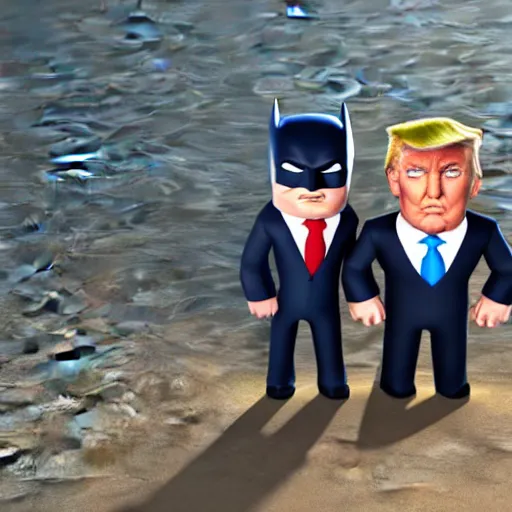 Image similar to 3 d render of batman and donald trump shaking hands on a sunny beach, 8 k, very intricate, very detailed,