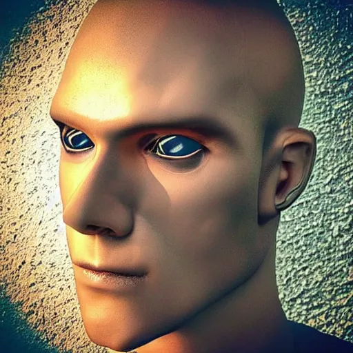 Image similar to “a realistic detailed photo of a guy who is an attractive humanoid who is half robot and half humanoid, who is a male android, Coach Shawn Flaherty, shiny skin, posing like a statue, blank stare, different eye colors, on display, sparks coming out from his body”