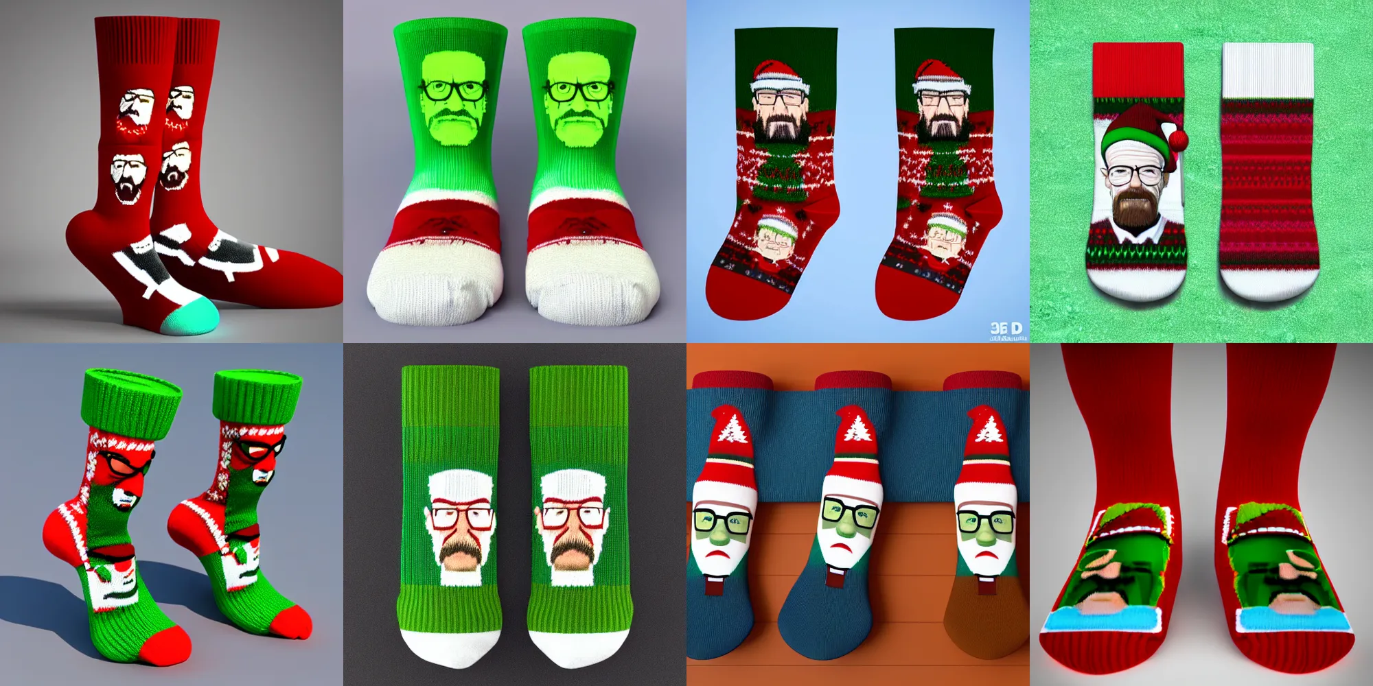 Prompt: a pair of christmas socks with a repeated walter white face on them, 3 d render
