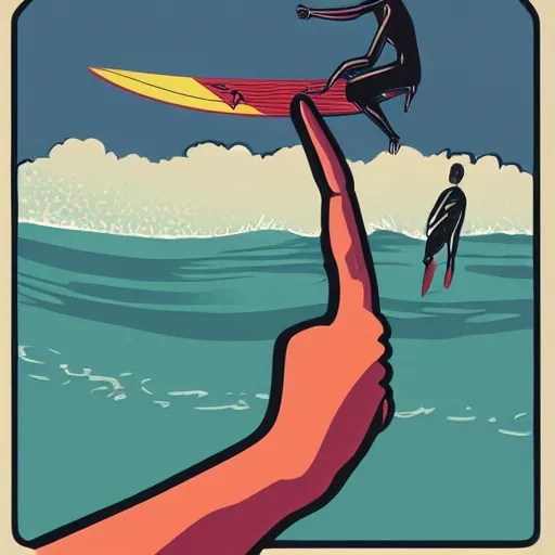 Image similar to postal employee holding a macbook in one hand and waving to a surfer with the other hand, kilian eng
