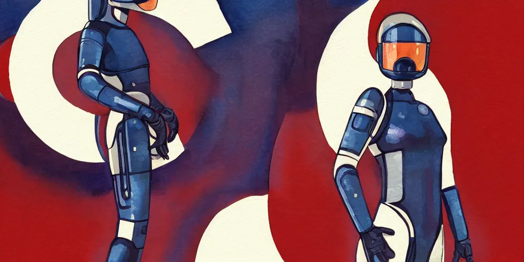 Image similar to woman, full body, wide shot, modern space suit, intriguing helmet, stylized character design, the expanse tv series, large shoulders, short torso, long thin legs, tiny feet, science fiction, hyperdetailed, technical suit, dieselpunk, watercolor digital painting, in the style of bruce timm, by alex maleev