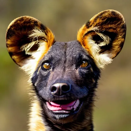 Image similar to A photo of the world's greatest sheriff: an african painted dog wearing a hat!