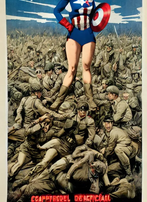 Image similar to female captain america standing on a pile of defeated german soldiers. wwii american propaganda poster by james gurney