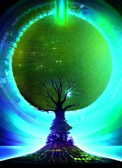 Image similar to high depth, collective civilization tree, calm, healing, resting, life, hybrids, scifi, glowing lights, published concept art, mixed medias, image overlays, sharp focus, winning illustration, eyes reflecting into eyes into infinity, singularity!!!, 3 6 0 projection, art in the style of all