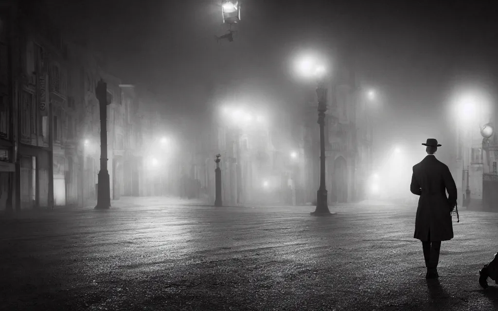 Image similar to A man in a trenchcoat holding a flashlight and armed with a ruby pistol in an early 20th century parisian street at night. Two cars are drifting around a shadow creature with their lights on. There is a thick fog covering the ground. A train station is visible in the background. 4k, digital art, dynamic, pulp, low angle shot, super wide shot, (fish eye).