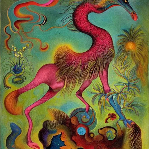 Image similar to strange mythical beasts of whimsy, surreal oil painting by Ronny Khalil and Kandinsky, drawn by Ernst Haeckel, as an offering to Zeus