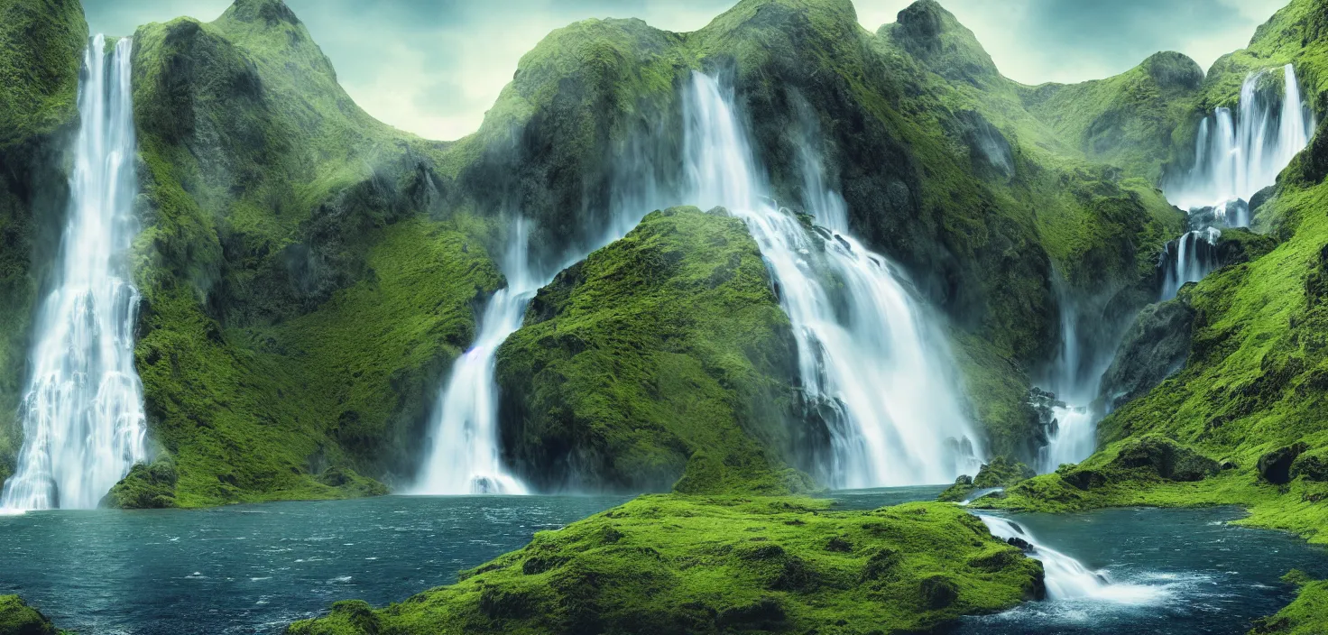 Image similar to a waterfall in the middle of a mountain range, a detailed matte painting by hallsteinn sigurðsson, shutterstock contest winner, naturalism, uhd image, creative commons attribution