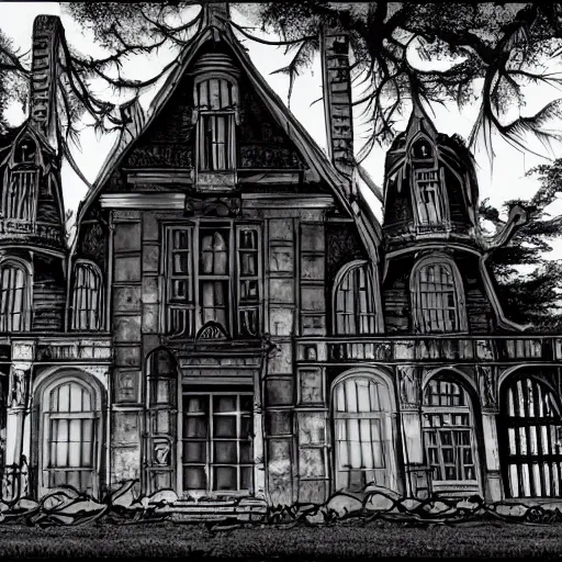 Prompt: an old abandoned mansion, death note artstyle