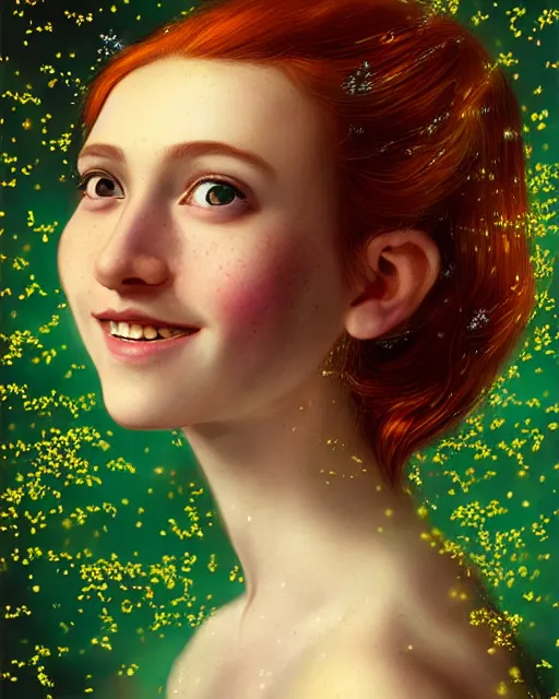 Image similar to a happy young woman looking over shoulder, intricate detailed dress, sitting among the lights of golden fireflies and nature, long loose red hair, bright green eyes, small nose with freckles, triangle shape face, smiling, dreamy scene, golden ratio, high contrast, hyper realistic digital art by caravaggio and artgerm.