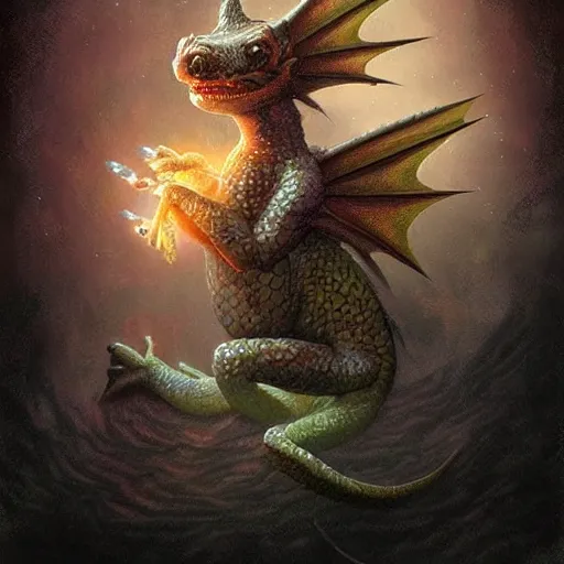 Image similar to a hyperrealistic illustration of a cute and tiny dragon that glows in the dark, dragon baby, glow in the dark, fractal moonlight, little dragon with glowing scales, award - winning, masterpiece, in the style of tom bagshaw, cedric peyravernay, peter mohrbacher