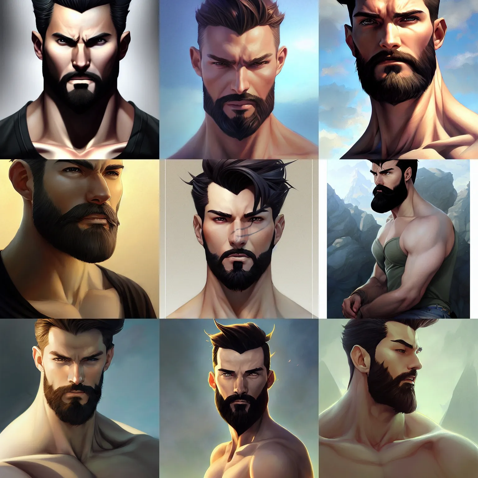 Prompt: portrait of a man with a sharp jawline,a clean beard and short hair,muscular,Character design by charlie bowater, ross tran, artgerm, and makoto shinkai, detailed, inked, western comic book art, 2021 award winning painting,digital art,ultra realistic,ultra detailed,art by greg rutkowski,photorealiatic,hyperdetailed,hyperrealistic,studio lighting,studio photography,professional photography,professional lighting,detailed face,3 point lighting,4k