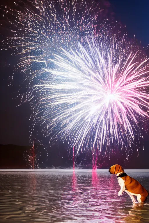 Image similar to man throwing a beagle in the air while standing in water with fireworks in background, full body, silhouette, reflection in water, volumetric lighting, golden ratio, backlit