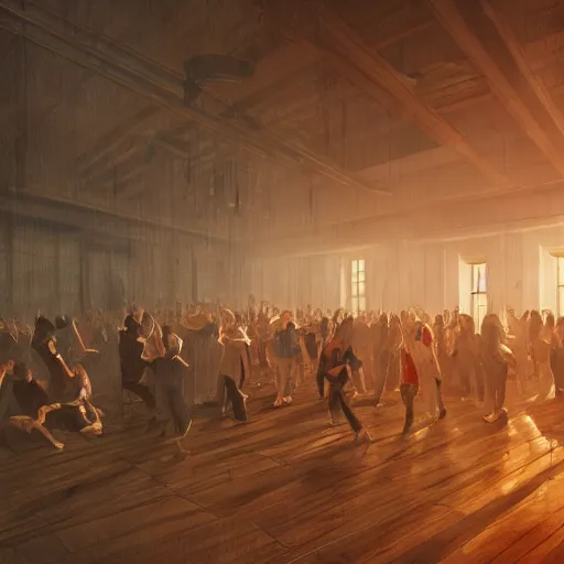 Image similar to crowd dancing in a 1 8 th century room in the sky, large windows, modern city outside of big windows, cables everywhere, cables on walls, wooden parquet, dramatic, volumetric lighting, concept art, bladerunner, ex machina, depth haze, cinematic, subtle orange glow, 4 k