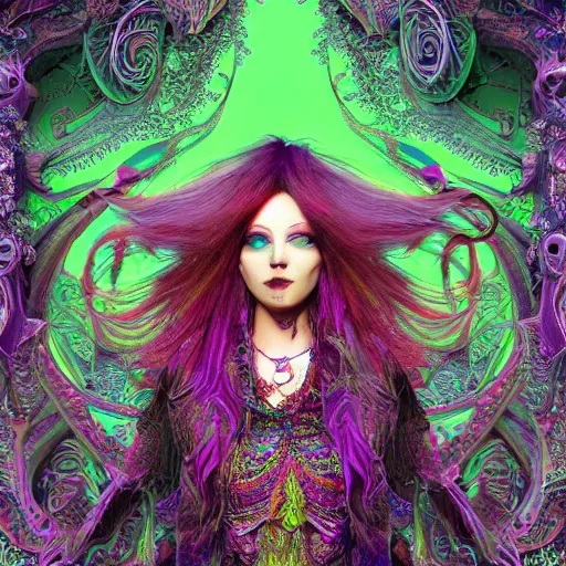 Image similar to psychadelic witch, hyper detailed, flowing psychadelic background intricate and detailed, ornate 8 k gorgeous intricate detailed, octane render