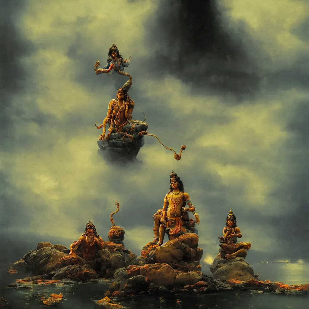 Image similar to One many-armed Shiva sits. In the background gasoline on the water. Dark colors, high detail, hyperrealism, masterpiece, close-up, ceremonial portrait, solo, rich deep colors, realistic, art by Yoshitaka Amano, Ivan Aivazovsky