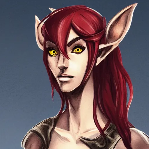 Image similar to dnd character illustration of a dark - skinned half - elf with messy red hair and golden eyes