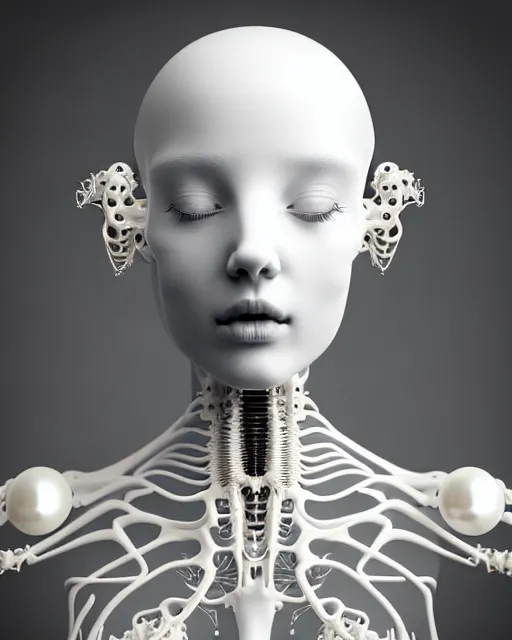 Image similar to white background, dreamy foggy elegant soft luminous bw profile face 3 d render of a beautiful young biomechanical - porcelain - female - cyborg with a delicate detailed mandelbrot fractal texture skin and a very long neck with gothic pearl embroidered collar, halo, white smoke atmosphere, rim light, hg giger, 8 k