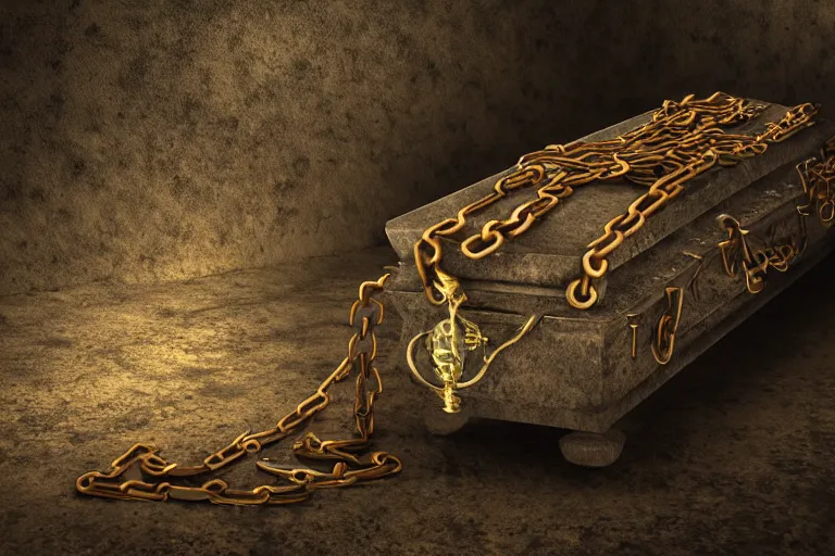 Prompt: middle of cave, light, bronze coffin, chain, medium gray, cinematic texture, high color contrast
