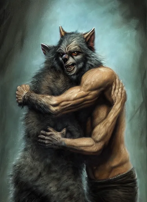 Prompt: a realistic painting of a werewolf at night hugging a man, dark fantasy art, matte painting, highly detailed