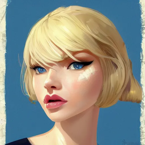 Image similar to portrait of beautiful girl with blond hair and blue eyes, League of Legend illustration by Sam Youn:1, profile picture by Gil Elvgren:2, asymmetrical, Organic Painting, Ambient Occlusion:3, Matte Painting, bold shapes, hard edges, street art, trending on artstation, realistic:2 by Sachin Teng:5