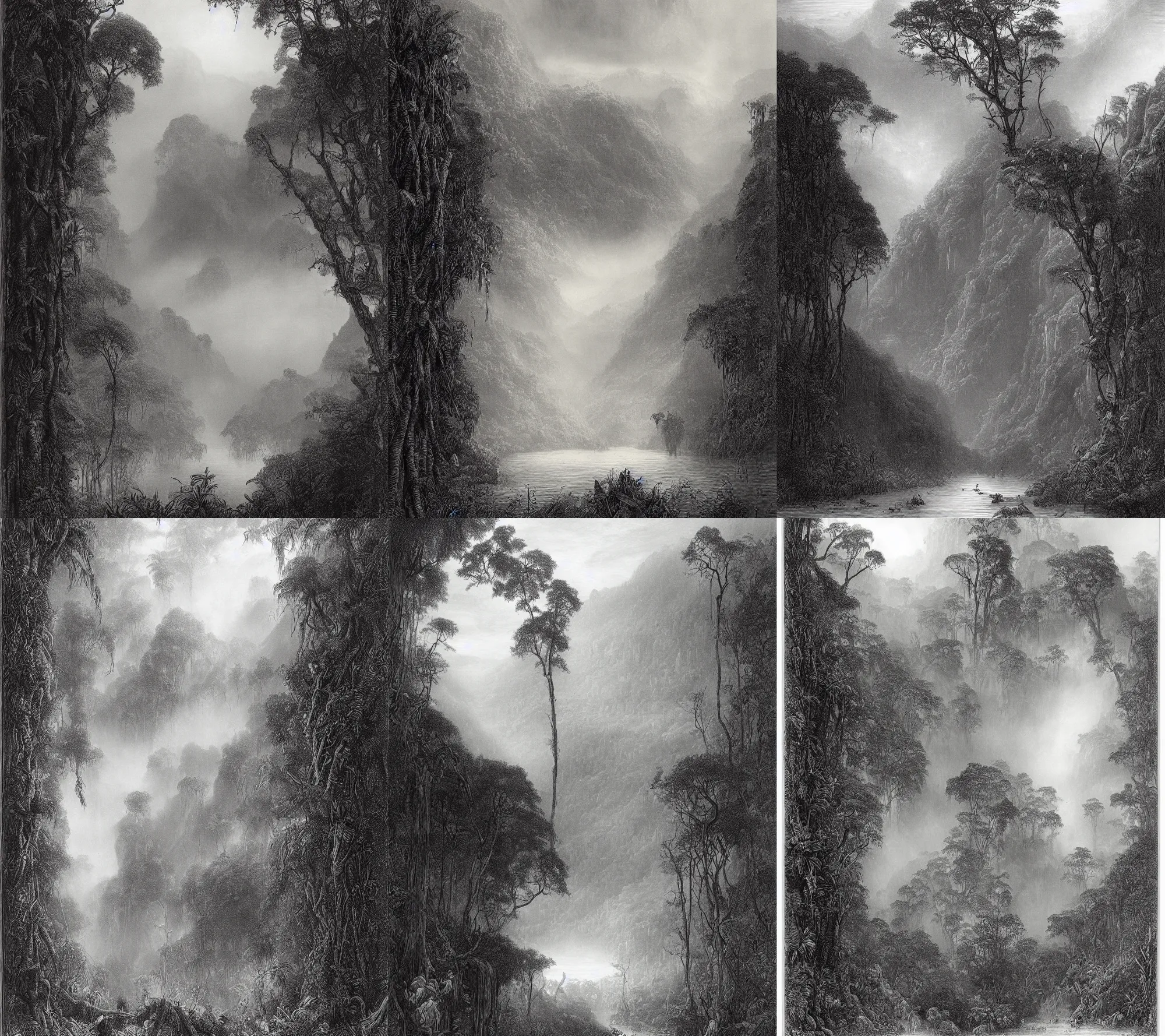 Prompt: an engraving of the amazon jungle by gustave dore, highly detailed, fog, depth, lithograph engraving, storybook illustration